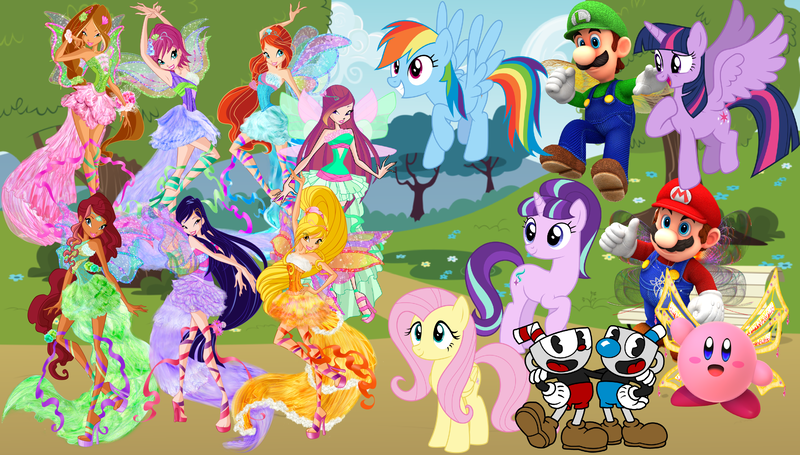 Size: 3146x1791 | Tagged: safe, artist:aethon056, artist:boneswolbach, artist:dashiesparkle, artist:skie-vinyl, artist:user15432, derpibooru import, fluttershy, rainbow dash, starlight glimmer, twilight sparkle, twilight sparkle (alicorn), alicorn, fairy, human, pegasus, pony, unicorn, aisha, amulet, bloom, bloom (winx club), butterfly wings, crossover, cuphead, cuphead (character), fairies, fairies are magic, fairy wings, flora, flora (winx club), harmonix, hasbro, hasbro studios, jewelry, kirby, kirby (character), layla, luigi, luigidash, luigishy, luitwi, maridash, mario, mario & luigi, marioshy, mugman, musa, necklace, nintendo, ponyville park, rainbow s.r.l, random, roxy (winx club), stella, stella (winx club), super mario bros., super smash bros., tecna, wings, winx, winx club