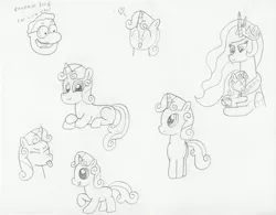 Size: 3211x2509 | Tagged: safe, artist:supahdonarudo, derpibooru import, princess celestia, sweetie belle, bust, cute, diasweetes, doug, heart, hug, monochrome, mr. dink, sketch, sketch dump, tongue out, traditional art