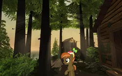 Size: 800x500 | Tagged: artist:dashiesparkle, artist:tawaki, beanie, button mash, cabin, derpibooru import, happy, hat, myst, myst island, ocean, power house, realmyst masterpiece edition, safe, that pony sure does love computer games, tree