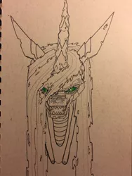 Size: 960x1280 | Tagged: artist:greyscaleart, derpibooru import, fangs, looking at you, partial color, queen chrysalis, safe, solo, traditional art