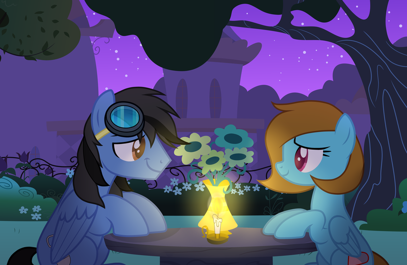 Size: 6500x4231 | Tagged: safe, artist:soowen, artist:teepew, derpibooru import, oc, oc:diamond breeze, oc:neo miles, unofficial characters only, pegasus, pony, absurd resolution, base used, candle, commission, flower, goggles, neomond, night, outdoors, romantic, sitting, table, ych result