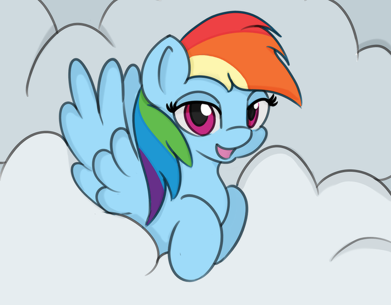 Size: 840x656 | Tagged: safe, artist:treekickerdraws, derpibooru import, rainbow dash, pegasus, pony, cloud, cute, dashabetes, female, looking at you, manechat challenge, mare, smiling