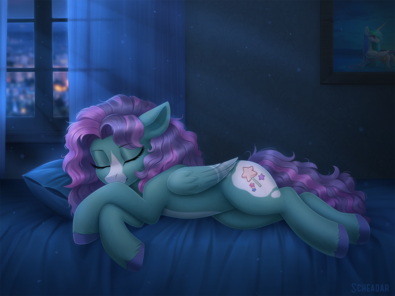 Size: 1200x901 | Tagged: safe, artist:scheadar, derpibooru import, oc, oc:sugar star, unofficial characters only, pegasus, pony, bed, city, commission, female, mare, pillow, sleeping, solo, window, ych result