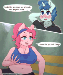 Size: 1000x1199 | Tagged: suggestive, artist:omegaozone, derpibooru import, party favor, pinkie pie, anthro, earth pony, plantigrade anthro, unicorn, comic:ponk park passion, animated, arm behind head, bedroom eyes, belly button, bench, big breasts, blushing, breast fondling, breast grab, breast squeeze, breasts, busty pinkie pie, chest fluff, chubby, clothes, dialogue, erect nipples, female, frame by frame, gif, grope, headband, male, midriff, motion comic, nipple outline, nudity, park, plump, ponk, shorts, speech bubble, sports bra, sports shorts, sweat, text