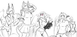 Size: 3524x1692 | Tagged: suggestive, artist:theecchiqueen, deleted from derpibooru, derpibooru import, oc, oc:bubble lee, oc:lady lovegreen, oc:pandie, oc:rasta jam, unofficial characters only, anthro, bat pony, dracony, hybrid, pegasus, unicorn, anthro oc, bat pony oc, bikini, blushing, breasts, clothes, cousins, eyes closed, female, friends, mare, monochrome, simple background, sisters, sketch, swimsuit, white background