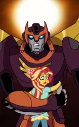 Size: 2997x4810 | Tagged: safe, artist:edcom02, derpibooru import, sunset shimmer, equestria girls, crossover, hot rod, rodimus prime, transformers, transformers animated