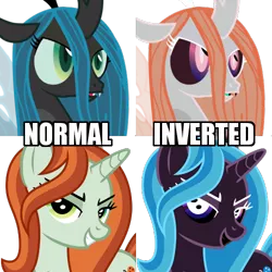 Size: 500x500 | Tagged: safe, artist:cheezedoodle96, artist:marinapg, derpibooru import, edit, crackle cosette, queen chrysalis, changeling, unicorn, the mean 6, camera, comparison, disguise, disguised changeling, evil, evil grin, female, fridge brilliance, green eyes, grin, inverted colors, looking at you, mare, mind blown, simple background, smiling, solo, transparent background