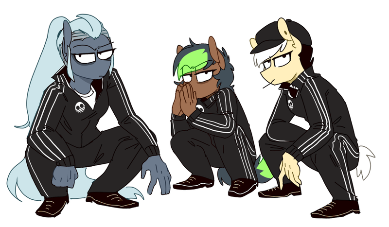 Size: 1099x641 | Tagged: anthro, anthro oc, artist:redxbacon, cheeki breeki, clothes, derpibooru import, gopnik, looking at you, oc, oc:carving grace, oc:note clip, oc:pixel bite, safe, simple background, slav, slav squat, squatting, unofficial characters only, white background