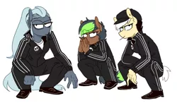 Size: 1099x641 | Tagged: anthro, anthro oc, artist:redxbacon, cheeki breeki, clothes, derpibooru import, gopnik, looking at you, oc, oc:carving grace, oc:note clip, oc:pixel bite, safe, simple background, slav, slav squat, squatting, unofficial characters only, white background