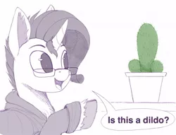 Size: 1198x915 | Tagged: suggestive, artist:shydale, derpibooru import, oc, oc:yodi, unofficial characters only, unicorn, bust, cactus, clothes, cocktus, dialogue, ear fluff, glasses, hoodie, is this a pigeon, male, meme, not a penis, phallic symbol, pointing, potted plant, raised hoof, simple background, solo, solo male, speech bubble, this will end in pain, this will not end well, unshorn fetlocks, white background