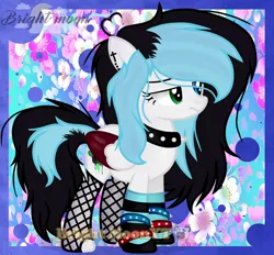 Size: 1024x949 | Tagged: safe, artist:sleppchocolatemlp, derpibooru import, oc, oc:gothica ink, unofficial characters only, pegasus, pony, choker, clothes, female, fishnets, heterochromia, mare, socks, solo, spiked choker, striped socks, two toned wings
