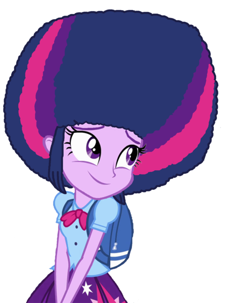 Size: 1189x1576 | Tagged: safe, artist:andrestoons, artist:bigpurplemuppet99, derpibooru import, edit, twilight sparkle, equestria girls, afro, alternate hairstyle, cutie mark on clothes, edited vector, simple background, solo, transparent background