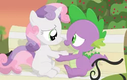 Size: 1123x711 | Tagged: safe, artist:porygon2z, derpibooru import, spike, sweetie belle, apple tree, bench, cute, diasweetes, female, male, shipping, spikabetes, spikebelle, straight, tree