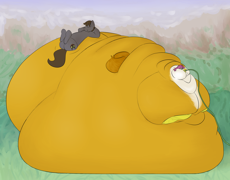 Size: 3500x2747 | Tagged: questionable, artist:lupin quill, derpibooru import, oc, oc:rockall, oc:skye lily, unofficial characters only, gryphon, pony, belly, belly bed, big belly, blob, chubby cheeks, double chin, eyes closed, fat, feeding, feeding tube, griffon oc, immobile, impossibly large belly, impossibly obese, morbidly obese, multichin, obese, rolls of fat, weight gain, weight gain sequence