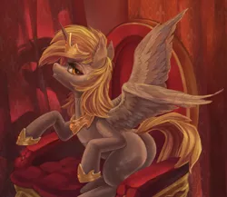 Size: 3000x2600 | Tagged: safe, artist:fly-gray, derpibooru import, derpy hooves, alicorn, pony, alicornified, chair, derpicorn, female, looking at you, mare, plot, princess derpy, race swap, sitting, solo, spread wings, throne, wings