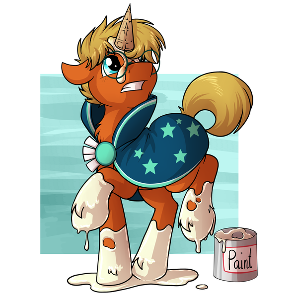 Size: 4000x4000 | Tagged: safe, artist:sugaryviolet, derpibooru import, sunburst, oc, oc:nickyvmlp, earth pony, pony, absurd resolution, cel shading, chest fluff, clothes, cosplay, costume, cute, dessert, dropped ice cream, food, ice cream, ice cream cone, ice cream horn, improvisation, male, ocbetes, paint, paint can, solo