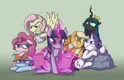 Size: 5100x3300 | Tagged: safe, artist:zanefir-dran, derpibooru import, mean applejack, mean fluttershy, mean pinkie pie, mean rainbow dash, mean rarity, mean twilight sparkle, queen chrysalis, alicorn, earth pony, pegasus, pony, unicorn, the mean 6, clone, clone six, former queen chrysalis, i'm surrounded by idiots, mean six, mommy chrissy