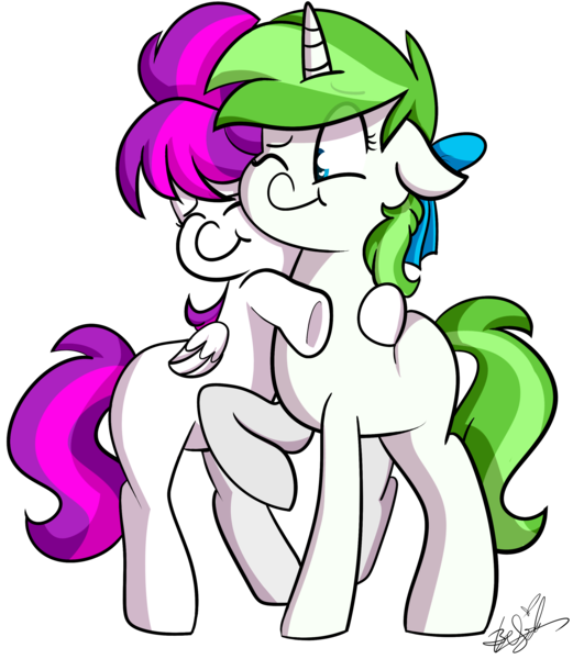 Size: 2593x2928 | Tagged: safe, artist:befishproductions, derpibooru import, oc, oc:minty root, oc:snow kicker, unofficial characters only, pegasus, pony, unicorn, bow, female, hair bow, heart eyes, hug, simple background, sisters, transparent background, wingding eyes