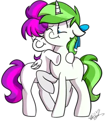 Size: 2593x2928 | Tagged: safe, artist:befishproductions, derpibooru import, oc, oc:minty root, oc:snow kicker, unofficial characters only, pegasus, pony, unicorn, bow, female, hair bow, heart eyes, hug, simple background, sisters, transparent background, wingding eyes