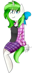Size: 2011x4468 | Tagged: safe, artist:befishproductions, derpibooru import, oc, oc:minty root, unofficial characters only, anthro, unicorn, anatomically incorrect, bow, eye clipping through hair, hair bow, incorrect leg anatomy, plaid, plaid shirt, plaid skirt, simple background, solo, transparent background
