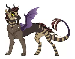 Size: 1500x1196 | Tagged: safe, artist:vindhov, derpibooru import, oc, unofficial characters only, draconequus, hybrid, adoptable, digital art, fangs, horns, hybrid wings, interspecies offspring, male, next generation, offspring, parent:discord, parents:zecord, parent:zecora, simple background, solo, white background