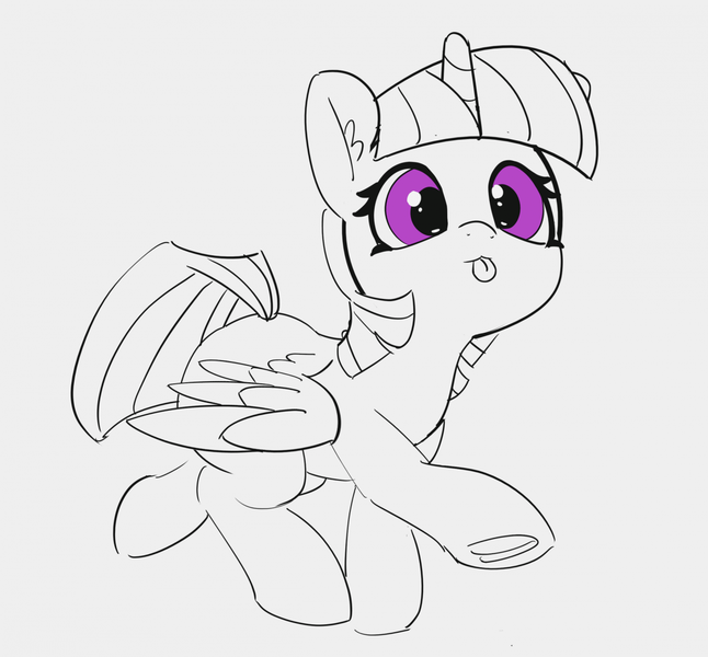 Size: 1280x1189 | Tagged: safe, artist:pabbley, derpibooru import, twilight sparkle, twilight sparkle (alicorn), alicorn, pony, 30 minute art challenge, :p, cute, dancing, do the sparkle, female, mare, monochrome, neo noir, partial color, silly, solo, tongue out, twiabetes