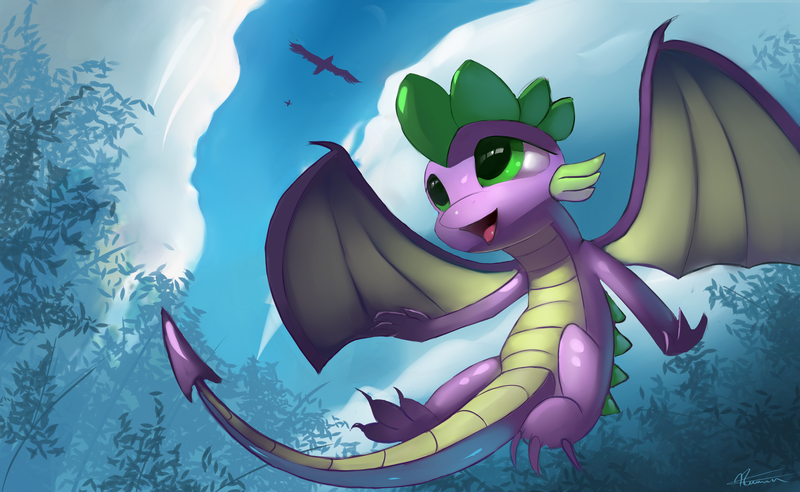 Size: 5200x3200 | Tagged: alicorn, artist:auroriia, bird, cloud, derpibooru import, dragon, flying, male, molt down, open mouth, roc, rock, safe, silhouette, sky, solo, spike, twilight sparkle, twilight sparkle (alicorn), winged spike