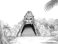 Size: 1400x1071 | Tagged: architecture, artist:baron engel, derpibooru import, grayscale, jungle, monochrome, no pony, pencil drawing, read it and weep, safe, sketch, stairs, temple, traditional art, tree