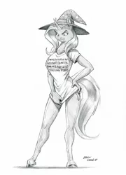 Size: 1000x1391 | Tagged: anthro, artist:baron engel, breasts, busty trixie, clothes, derpibooru import, female, grayscale, hat, monochrome, pencil drawing, shirt, simple background, solo, solo female, suggestive, traditional art, trixie, trixie's hat, unamused, unguligrade anthro, white background