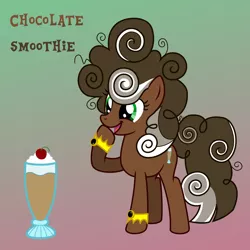 Size: 1080x1080 | Tagged: safe, artist:tacobender, derpibooru import, oc, unofficial characters only, pony, braclets, brown coat, chocolate, commission, commission info, curls, curly hair, cutie mark, female, food, mare, simple background, smoothie, solo, vector
