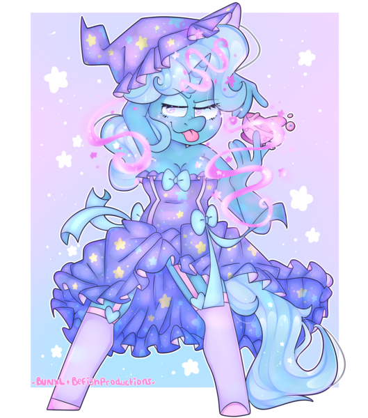 Size: 3000x3400 | Tagged: safe, artist:befishproductions, artist:bunxl, derpibooru import, trixie, anthro, unicorn, armpits, clothes, collaboration, cup, dress, female, hat, looking at you, magic, teacup, tongue out, trixie's hat