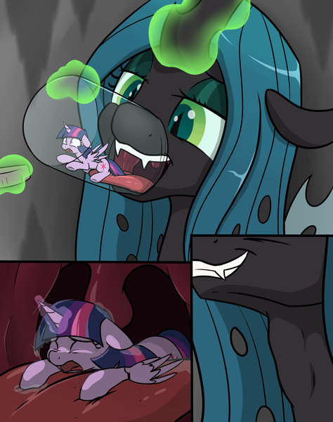 Size: 1500x1900 | Tagged: questionable, artist:skitter, derpibooru import, queen chrysalis, twilight sparkle, twilight sparkle (alicorn), alicorn, changeling, changeling queen, pony, captured, changelings eating ponies, crying, duo, duo female, fangs, female, fetish, floppy ears, glass jar, glowing horn, grin, magic, micro, pony in a bottle, preylight, shrunk, size difference, smiling, swallowing, telekinesis, throat bulge, vore, wide eyes