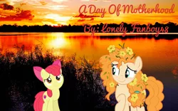 Size: 3200x2000 | Tagged: safe, artist:huntercwalls, derpibooru import, apple bloom, pear butter, fanfic, the perfect pear, cloud, cloudy, family, fanfic art, fanfic cover, female, fimfiction, food, heartwarming, lake, love, mother and daughter, orange, sunset