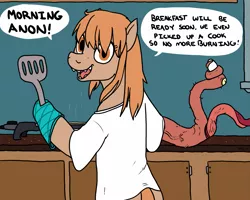 Size: 1499x1199 | Tagged: adoracreepy, artist:pony quarantine, bipedal, body horror, cooking, creepy, cute, derpibooru import, egg, eldritch abomination, electric skillet, implied anon, implied assimilation, kitchen, oc, oc:thingpone, safe, shapeshifting, smiling, solo, spatula, tentacles