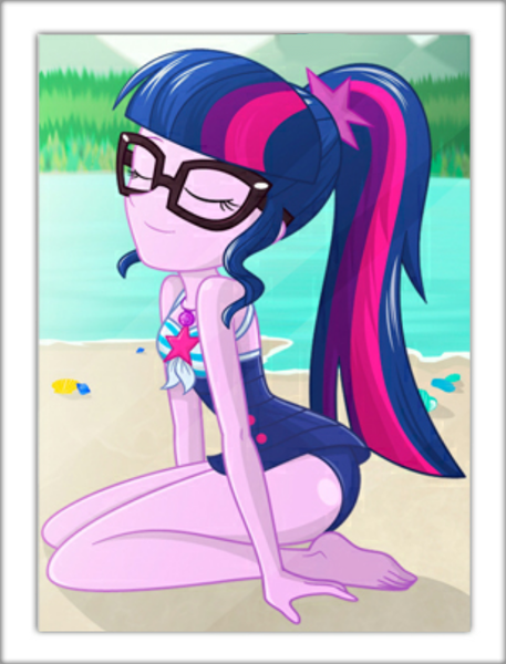 Size: 678x890 | Tagged: suggestive, artist:charliexe, derpibooru import, edit, edited edit, sci-twi, twilight sparkle, equestria girls, equestria girls series, forgotten friendship, adorasexy, barefoot, clothes, cute, eyes closed, feet, female, geode of telekinesis, glasses, magical geodes, ponytail, sexy, solo, solo female, swimsuit