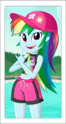 Size: 512x964 | Tagged: safe, artist:charliexe, derpibooru import, edit, edited edit, rainbow dash, equestria girls, equestria girls series, forgotten friendship, belly button, board shorts, clothes, geode of super speed, hat, jewelry, looking at you, magical geodes, multicolored hair, necklace, shorts, solo, swimsuit