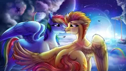 Size: 3840x2160 | Tagged: safe, artist:lupiarts, derpibooru import, rainbow dash, spitfire, pegasus, pony, rainbow falls, butt shake, butt touch, cloud, commission, feathermarking, female, flying, kissing, lens flare, lesbian, looking at each other, mare, plot, romance, shipping, sky, spitdash, stars