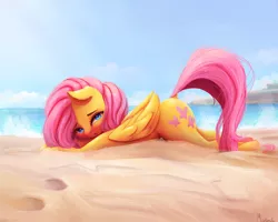 Size: 4000x3200 | Tagged: suggestive, artist:miokomata, derpibooru import, fluttershy, pegasus, pony, beach, bedroom eyes, blushing, dock, face down ass up, female, floppy ears, folded wings, freckles, looking at you, lying down, mare, ocean, open mouth, sand, shy, sky, solo, tail lift