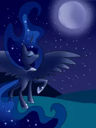 Size: 1920x2560 | Tagged: safe, artist:melodyclerenes, derpibooru import, princess luna, alicorn, pony, ethereal mane, eyes closed, eyeshadow, female, frown, hoof shoes, majestic, makeup, mare, missing accessory, missing cutie mark, moon, night, peytral, raised hoof, rear view, solo, starry mane, starry night