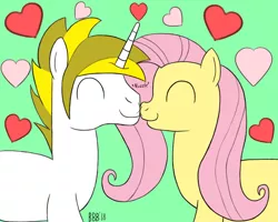 Size: 1000x800 | Tagged: safe, artist:bigbullybiggs, artist:pacificside18, derpibooru import, fluttershy, oc, oc:white heart, pegasus, pony, unicorn, boop, canon x oc, female, green background, heart, male, mutual booping, noseboop, shipping, simple background, straight