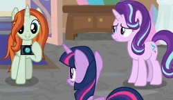 Size: 742x428 | Tagged: safe, derpibooru import, screencap, crackle cosette, queen chrysalis, starlight glimmer, twilight sparkle, twilight sparkle (alicorn), alicorn, unicorn, the mean 6, camera, cropped, disguise, disguised changeling, school of friendship
