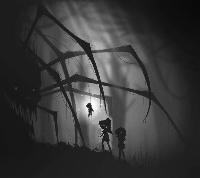 Size: 736x653 | Tagged: safe, artist:razoredge2312, derpibooru import, sci-twi, sunset shimmer, twilight sparkle, giant spider, equestria girls, crossover, grayscale, limbo, monochrome, monster, teddy bear