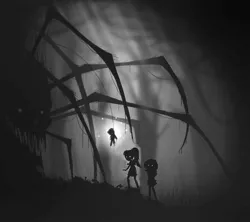 Size: 736x653 | Tagged: safe, artist:razoredge2312, derpibooru import, sci-twi, sunset shimmer, twilight sparkle, giant spider, equestria girls, crossover, grayscale, limbo, monochrome, monster, teddy bear