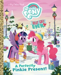 Size: 2066x2560 | Tagged: safe, artist:glenn thomas, derpibooru import, official, alice the reindeer, pinkie pie, twilight sparkle, twilight sparkle (alicorn), alicorn, deer, earth pony, pony, reindeer, yak, best gift ever, book:best gift ever, boots, clothes, duo focus, earmuffs, female, lamppost, little golden book, mare, present, scarf, shoes, snow, toque, tree, twilight's castle, winter