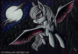 Size: 3484x2456 | Tagged: safe, artist:julunis14, derpibooru import, oc, oc:shikaka, unofficial characters only, bat pony, vampire bat pony, albino, bow, braided tail, cloud, flying, forest, moon, smiling, solo, stars, tail bow, traditional art