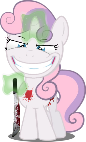 Size: 289x479 | Tagged: artist:tuberculosis, blood, creepy, creepy grin, creepy smile, derpibooru import, edit, grin, knife, magic, magic aura, pure unfiltered evil, semi-grimdark, smiling, sweetie belle, wrong eye color