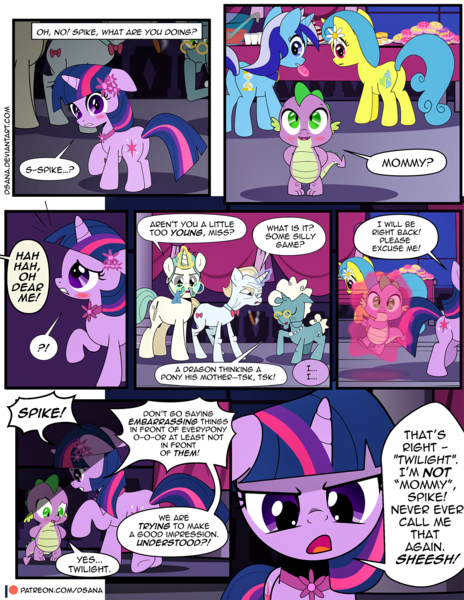 Size: 1275x1650 | Tagged: safe, artist:dsana, derpibooru import, lemon hearts, minuette, spike, twilight sparkle, oc, dragon, pony, unicorn, comic:the shadow shard, baby, baby dragon, baby spike, comic, comics, female, filly, filly twilight sparkle, flower, flower in hair, mama twilight, nightmare, younger