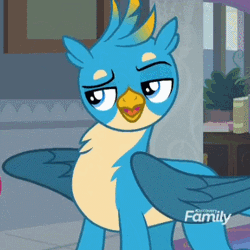 Size: 385x385 | Tagged: animated, cropped, derpibooru import, discovery family logo, gallus, safe, sassy, school daze, screencap, solo, wing hands