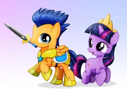 Size: 1600x1131 | Tagged: safe, artist:jucamovi1992, derpibooru import, flash sentry, twilight sparkle, armor, colt, cute, diasentres, female, filly, filly twilight sparkle, flashlight, foal, laughing, male, royal guard, shipping, smiling, straight, sword, twiabetes, twilight wants to be a princess, weapon, young, younger