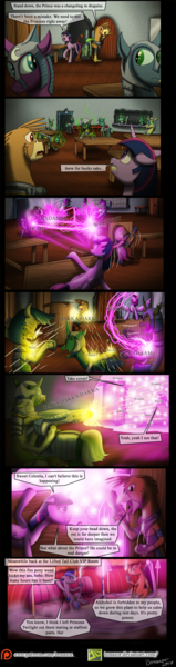 Size: 1200x4526 | Tagged: safe, artist:bonaxor, derpibooru import, twilight sparkle, twilight sparkle (alicorn), oc, oc:prince rigel, oc:sebastian, oc:smolder, alicorn, changeling, fire pony, gryphon, comic:journey to the lunar republic, drugs, hookah, magic, marijuana, weapon